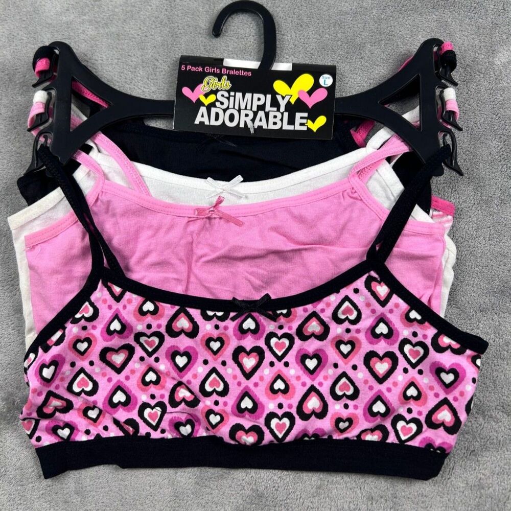 Simply Adorable Girls 5 Pack Training Bras Bralettes Size Large Pink Black NWT